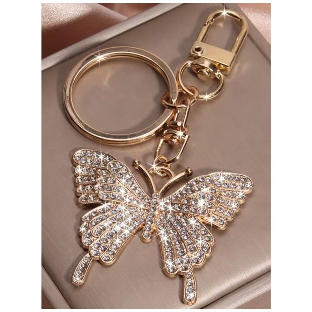 Crystal Encrusted Butterfly Keychain Rose-Golden Alloy Rhinestone Purse Fob